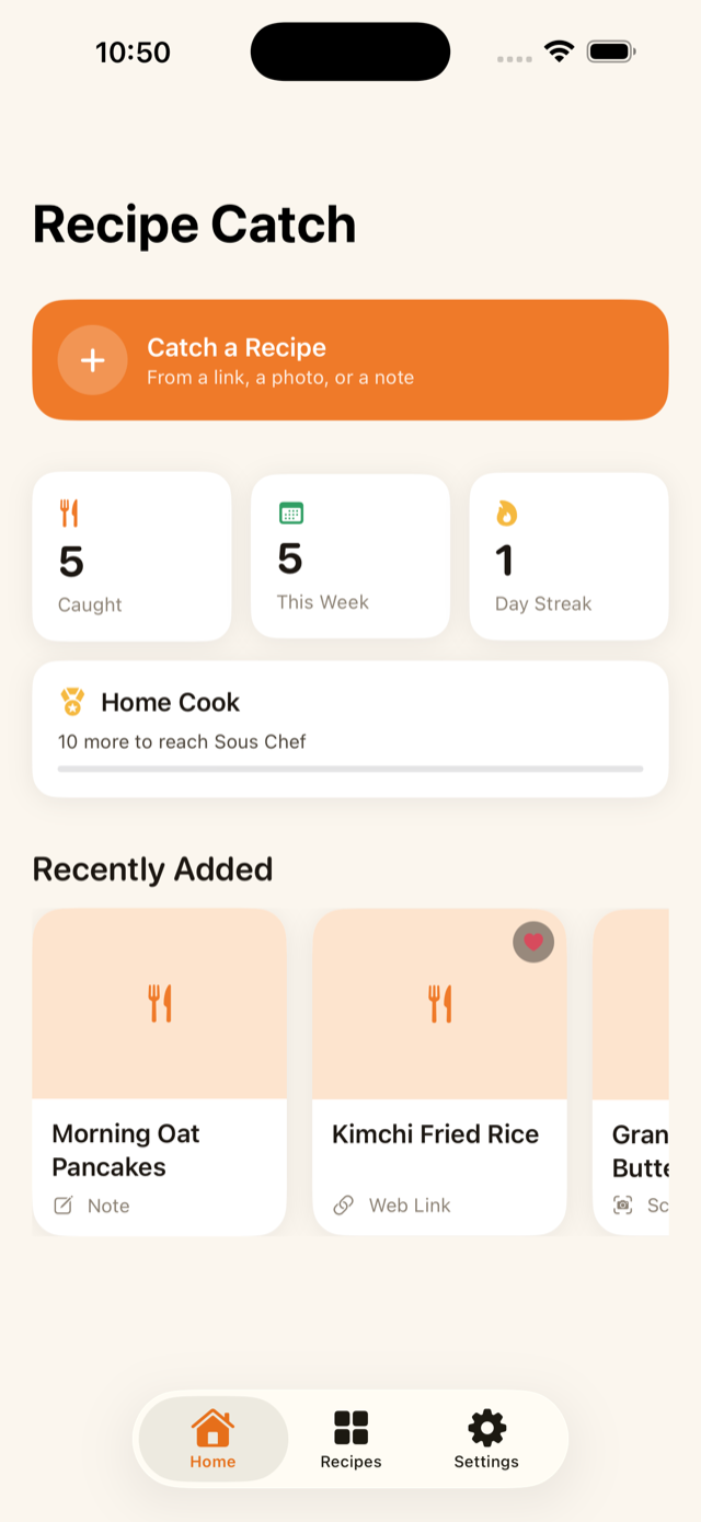 Home screen with recently added recipes and stats