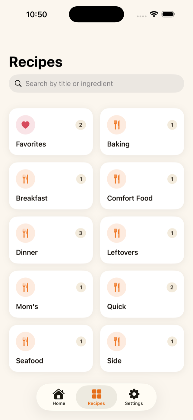 Recipes tab organized into categories like Favorites, Dinner, and Baking