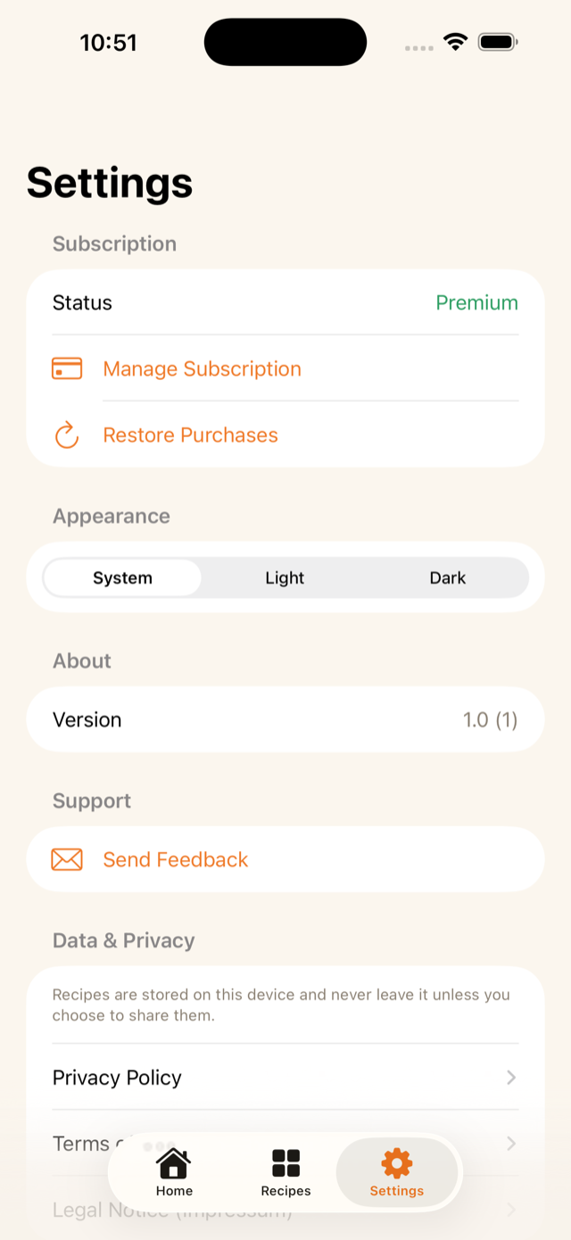 Settings screen with subscription, appearance, and privacy options