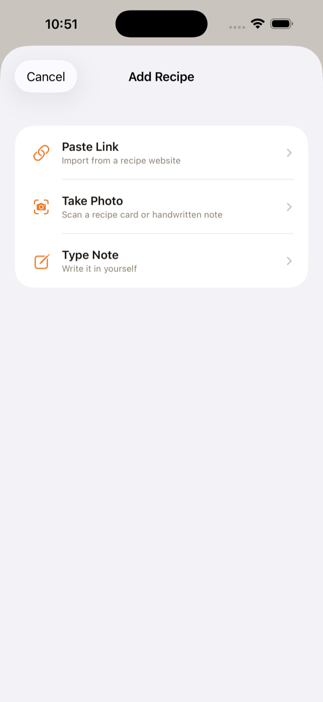 Add Recipe sheet with Paste Link, Take Photo, and Type Note options